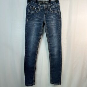 Wallflower Women's‎ Sz  3 Embroidered Skinny Jeans Whiskered Contrast Stitch Y2K
